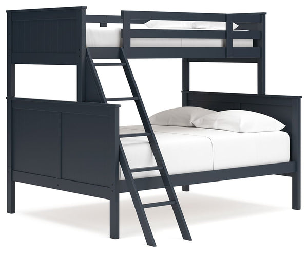 Maximize space and turn your kids-' bedtime into an adventure with this cool twin-over-full bunk bed. It-'s an effortless addition to any bedroom, with a timeless Shaker style that-'s wonderfully finished in an on-trend blue. Guard rails on the top bunk h
