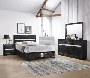 This bedroom set offers a sophisticated and cohesive look with its dark-toned wood and elegant design. The bed stands out with a high headboard featuring a shimmering silver accent, giving it a luxurious feel. The set includes a bed with storage drawers a