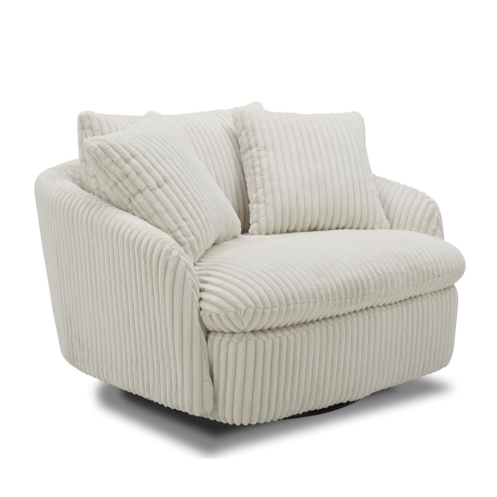 Dreamy comfort awaits with the Boomer oversized swivel chair. Comfy and cozy, its generous proportions are ideal for snuggling and nestling deep for relaxation. Its rounded silhouette has low arms and is complemented by a back pillow and two comfort pillo
