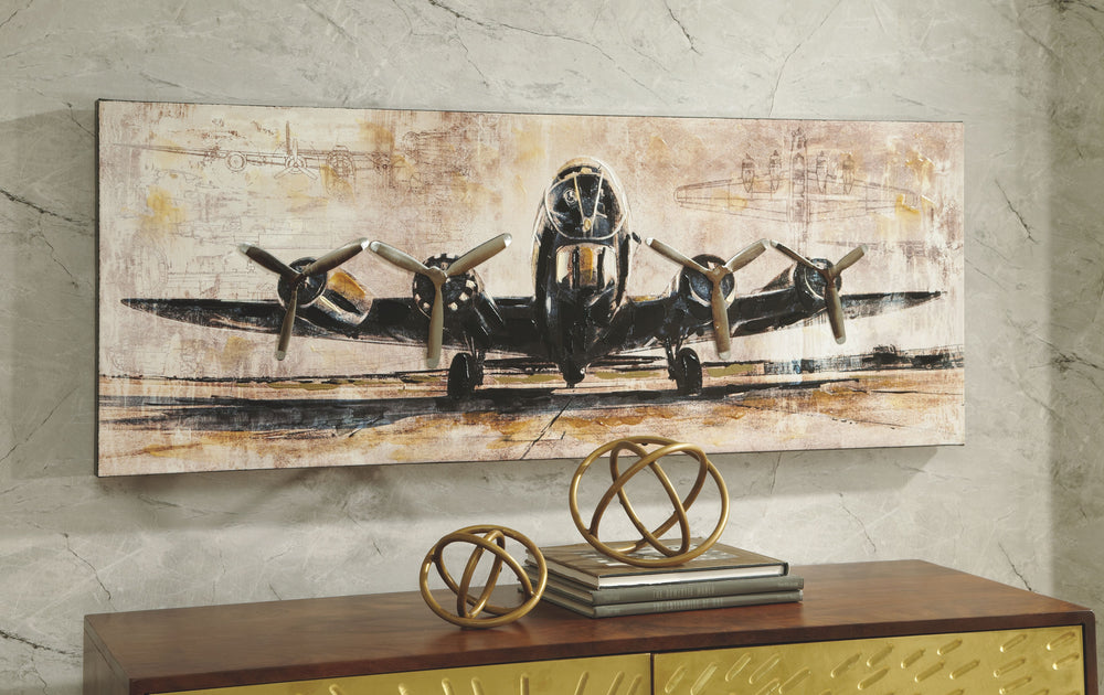 Let retro-cool style take flight with this gallery wrapped wall art. Hand-painted embellishments give its rendering of the Memphis Belle that much more richness and authenticity.<br/><br/><b>Product Features</b><ul><li>Gallery wrapped canvas with metal ac