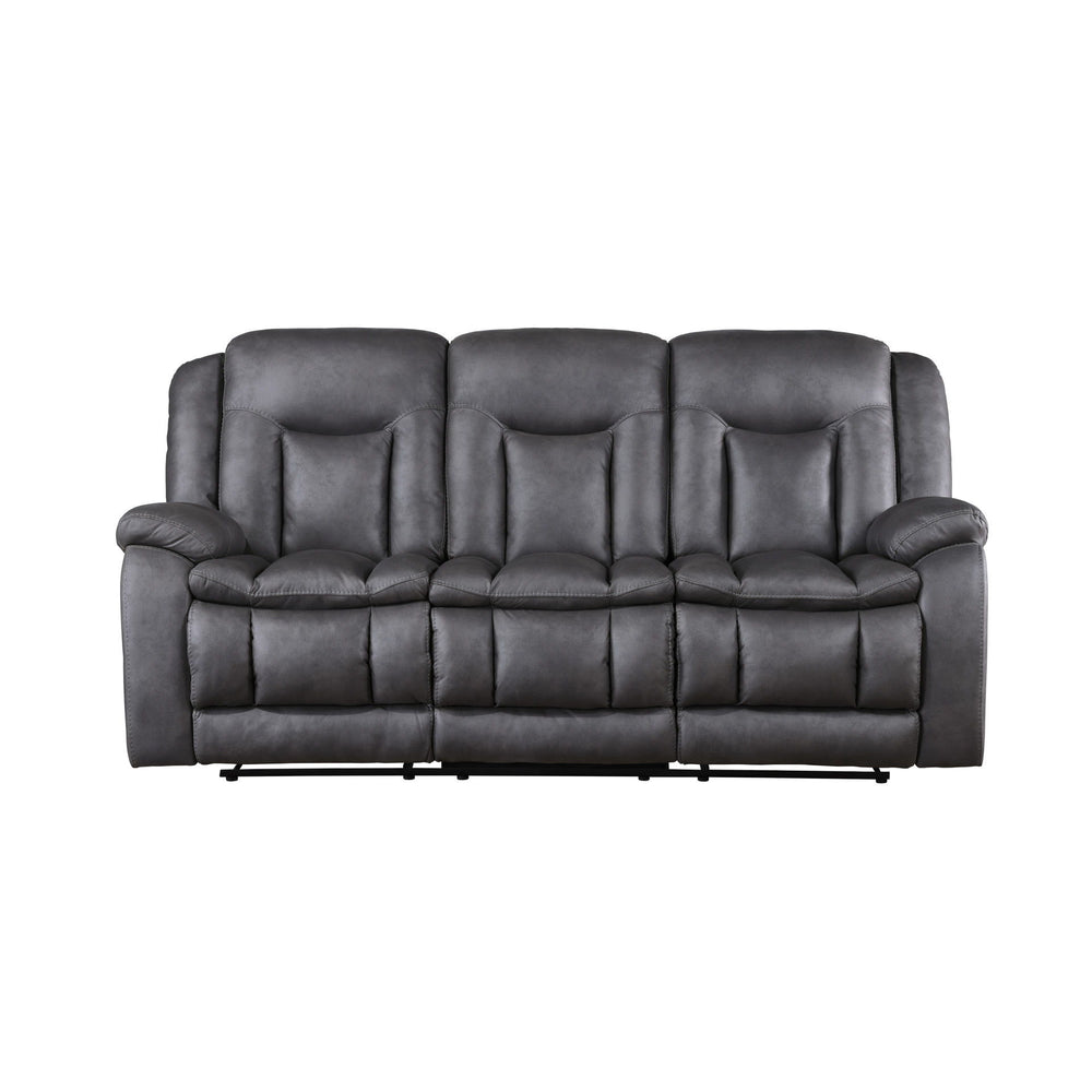 The Morello Dual Recliner Sofa in gray brings together comfort, style, and functionality for your living space. Upholstered in sumptuously soft 100% polyester fabric in a gray color, this couch mimics the luxurious look of leather without the higher price