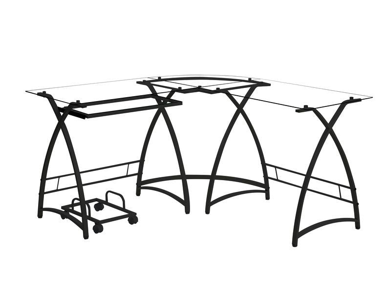 Corner Computer Desk Orientation: -"L-" Shape Metal Base: Curved X-ShapeSpace SavingRectangular Table Top w/Tempered GlassKey Board Tray IncludedComputer Holder Included<br/><br/><b>Product Features</b><ul><li>Corner Computer Desk</li><li>Orientation: -"L