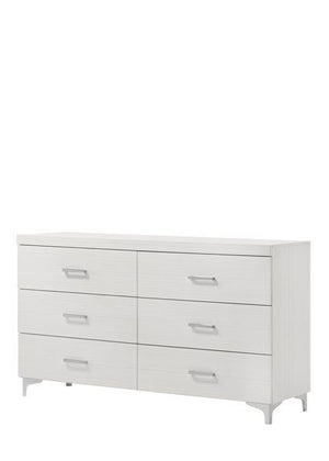 The Casilda bedroom collection will help you create the perfect retreat. In a white finish to easily style and works with various color schemes. Tying each piece together are the metal legs. The bed boasts a PU padded headboard with button tufting in a gr