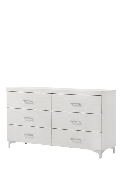 The Casilda bedroom collection will help you create the perfect retreat. In a white finish to easily style and works with various color schemes. Tying each piece together are the metal legs. The bed boasts a PU padded headboard with button tufting in a gr