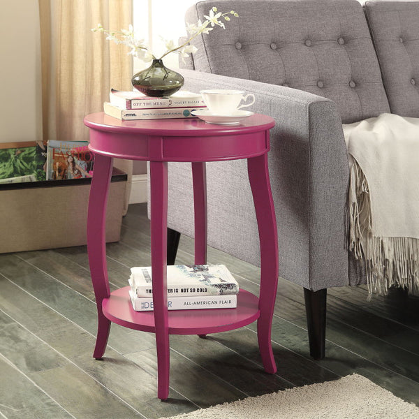 This Alberta side table will be your favorite accent piece with its round top form and stylized legs. Offered in four different colors: Antique White, walnut, red, and teal. One is sure to fit perfect with your style.<br/><br/><b>Product Features</b><ul><