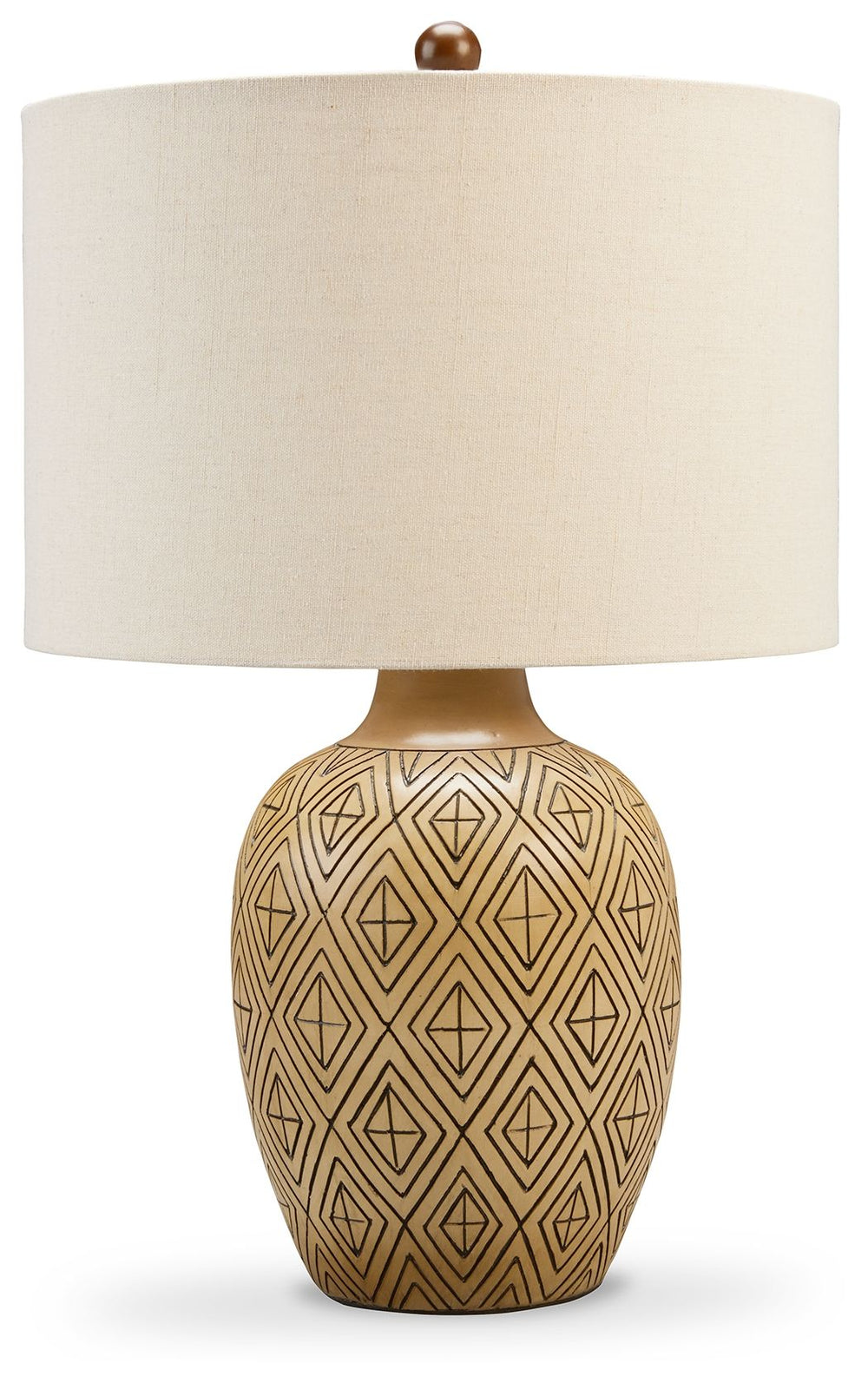 Light up your living space with this jar-shaped table lamp. Featuring a tan-hued polyresin body with a chic, inset design, it makes a welcoming accent to your tabletop decor. The modified drum fabric shade completes the crisp modern look, while a three-wa