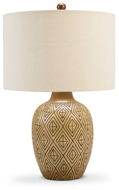 Light up your living space with this jar-shaped table lamp. Featuring a tan-hued polyresin body with a chic, inset design, it makes a welcoming accent to your tabletop decor. The modified drum fabric shade completes the crisp modern look, while a three-wa