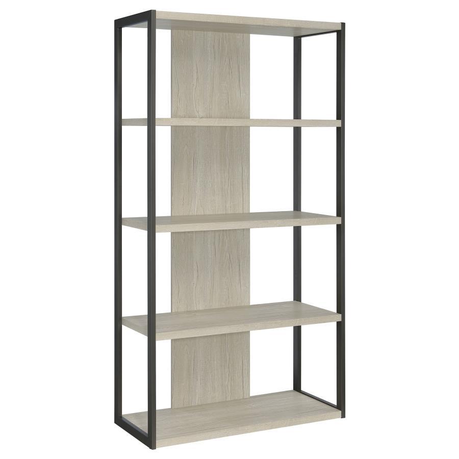 Showcase your favorite books and decor on this open and airy, tall contemporary bookcase, designed with four slim whitewashed grey shelves suspended by a bold grey finished frame. The back support and flush bottom shelf offers stability against area rugs 