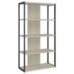 Showcase your favorite books and decor on this open and airy, tall contemporary bookcase, designed with four slim whitewashed grey shelves suspended by a bold grey finished frame. The back support and flush bottom shelf offers stability against area rugs 