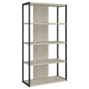 Showcase your favorite books and decor on this open and airy, tall contemporary bookcase, designed with four slim whitewashed grey shelves suspended by a bold grey finished frame. The back support and flush bottom shelf offers stability against area rugs 