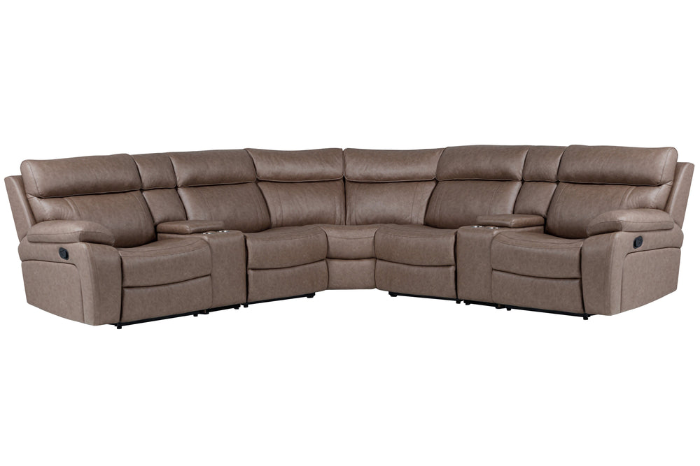 The generously sized six-piece Theon Sectional features easy-to-operate latches for reclining, a power center seat with the center-back doubling into a pull-down console table outfitted with cup holders. Theon-'s contoured bucket-style seats combine with 