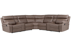 The generously sized six-piece Theon Sectional features easy-to-operate latches for reclining, a power center seat with the center-back doubling into a pull-down console table outfitted with cup holders. Theon-'s contoured bucket-style seats combine with 