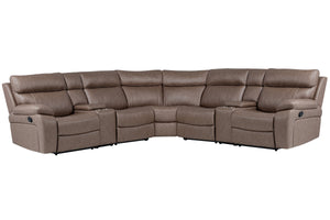 The generously sized six-piece Theon Sectional features easy-to-operate latches for reclining, a power center seat with the center-back doubling into a pull-down console table outfitted with cup holders. Theon-'s contoured bucket-style seats combine with 
