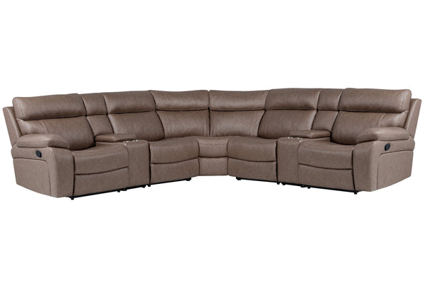 The generously sized six-piece Theon Sectional features easy-to-operate latches for reclining, a power center seat with the center-back doubling into a pull-down console table outfitted with cup holders. Theon-'s contoured bucket-style seats combine with 