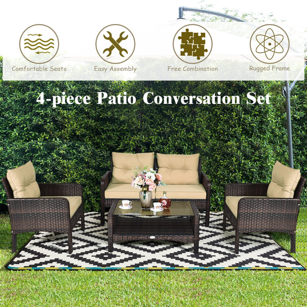 The rugged frame ensures sturdiness and stableness<br>Functional and beautiful design perfect for garden  backyard  and balcony<br>Rattan coffee table with tempered glass top and large storage space<br>Thick and comfortable cushions with removable cover<b