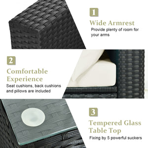 Free combination of sectional sofa as per your needs<br>Solid structure with L shape aluminum feet<br>Exquisite PE wicker frame adds unique charm<br>Comfortable sofa set with thick cushions and soft pillows<br>The cover of seat cushion is removable and wa