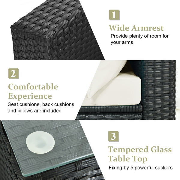 Free combination of sectional sofa as per your needs<br>Solid structure with L shape aluminum feet<br>Exquisite PE wicker frame adds unique charm<br>Comfortable sofa set with thick cushions and soft pillows<br>The cover of seat cushion is removable and wa