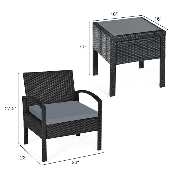 This rattan patio conversation set which will provide you a comfortable experience in your leisure time. Â  This set of outdoor furniture is made of high-quality rattan and strong steel  which is durable and has a long service life. The thick soft cushion