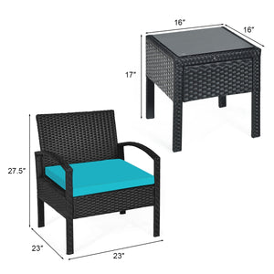 This rattan patio conversation set which will provide you a comfortable experience in your leisure time. Â  This set of outdoor furniture is made of high-quality rattan and strong steel  which is durable and has a long service life. The thick soft cushion
