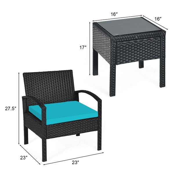 This rattan patio conversation set which will provide you a comfortable experience in your leisure time. Â  This set of outdoor furniture is made of high-quality rattan and strong steel  which is durable and has a long service life. The thick soft cushion