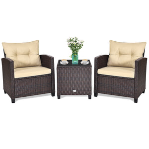 The strong and sturdy steel frame ensures the sturdiness of the set<br>Hand-woven rattan can withstand moderate rain or wind in outdoor<br>A wide armrest in suitable height is good for supporting and relaxing your arm<br>Thick and soft cushion with a high