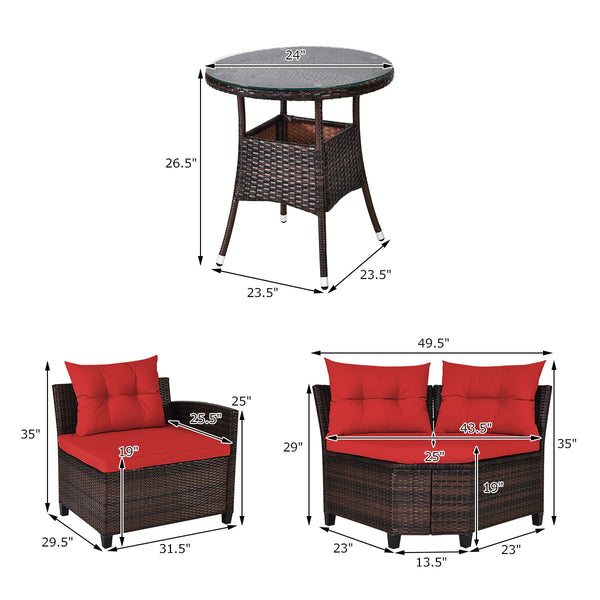 The sturdy and durable steel frame ensures sturdiness of the set<br>Tight and hand-woven rattan can withstand moderate rain or wind<br>Thick and soft cushion with a high-density sponge for your hip and back<br>Cover with the zipper of the seat cushion is 