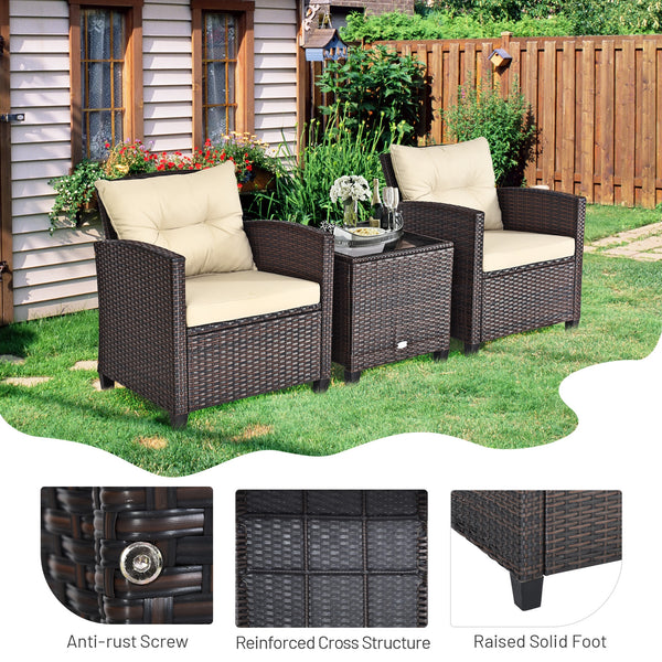 The strong and sturdy steel frame ensures the sturdiness of the set<br>Hand-woven rattan can withstand moderate rain or wind in outdoor<br>A wide armrest in suitable height is good for supporting and relaxing your arm<br>Thick and soft cushion with a high
