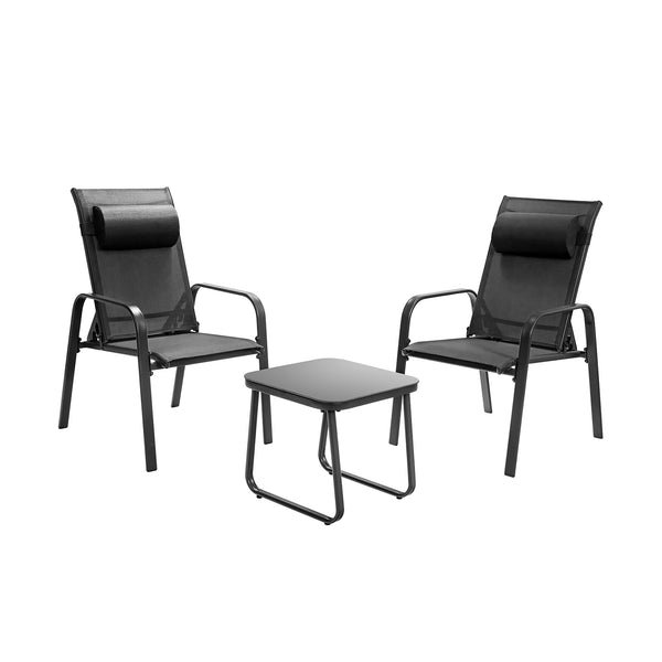 This 3-piece patio bistro set has stackable chair and tempered glass top table. Â  Designed with modern style and compact size  this outdoor conversation set not only brings out the perfect taste of life but also fits the limited places  such as patio  po