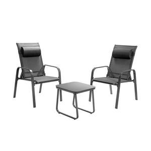 This 3-piece patio bistro set has stackable chair and tempered glass top table. Â  Designed with modern style and compact size  this outdoor conversation set not only brings out the perfect taste of life but also fits the limited places  such as patio  po