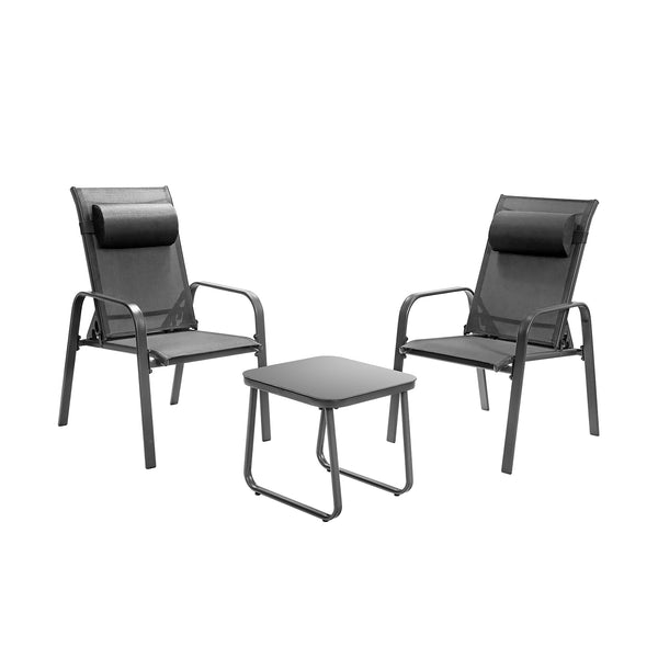 This 3-piece patio bistro set has stackable chair and tempered glass top table. Â  Designed with modern style and compact size  this outdoor conversation set not only brings out the perfect taste of life but also fits the limited places  such as patio  po