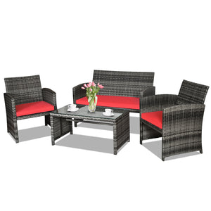 Rattan patio set includes one loveseat  two single chairs and one coffee table. <br>Made of high-quality rattan with strong built-in frame structure <br>Functional and beautiful design perfect for garden  backyard and balcony <br>Rattan coffee table with 