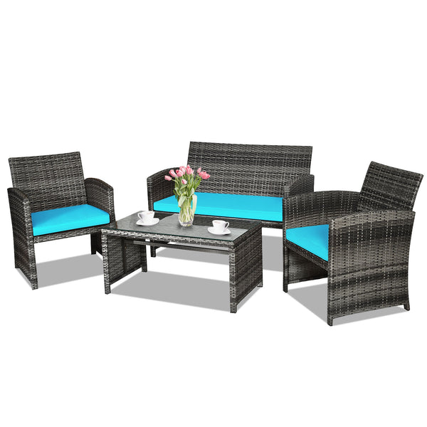 Rattan patio set includes one loveseat  two single chairs and one coffee table. <br>Made of high-quality rattan with strong built-in frame structure <br>Functional and beautiful design perfect for garden  backyard and balcony <br>Rattan coffee table with 