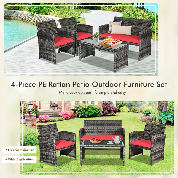 Rattan patio set includes one loveseat  two single chairs and one coffee table. <br>Made of high-quality rattan with strong built-in frame structure <br>Functional and beautiful design perfect for garden  backyard and balcony <br>Rattan coffee table with 