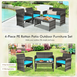 Rattan patio set includes one loveseat  two single chairs and one coffee table. <br>Made of high-quality rattan with strong built-in frame structure <br>Functional and beautiful design perfect for garden  backyard and balcony <br>Rattan coffee table with 