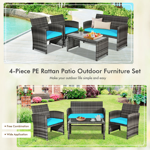 Rattan patio set includes one loveseat  two single chairs and one coffee table. <br>Made of high-quality rattan with strong built-in frame structure <br>Functional and beautiful design perfect for garden  backyard and balcony <br>Rattan coffee table with 