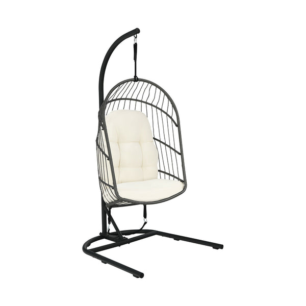 Made of anti-rust steel frame and all-weather PE rattan  this egg hanging chair can stay outside. Likewise  the modern appearance also makes it fit your indoor decoration. Â  If you use it indoors  the anti-slip foot pads protect your floor from scratchin