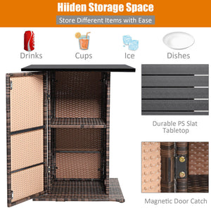 Enjoys outdoor leisure time with this 5-piece wicker bar set<br>Bar table with hidden storage space for storing different items with ease<br>Offers comfortable sitting experience with ergonomic stools with footrest<br>The waterproof cushion cover can be r