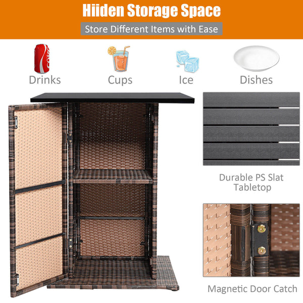 Enjoys outdoor leisure time with this 5-piece wicker bar set<br>Bar table with hidden storage space for storing different items with ease<br>Offers comfortable sitting experience with ergonomic stools with footrest<br>The waterproof cushion cover can be r