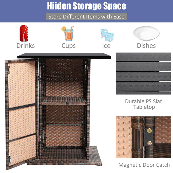 Enjoys outdoor leisure time with this 5-piece wicker bar set<br>Bar table with hidden storage space for storing different items with ease<br>Offers comfortable sitting experience with ergonomic stools with footrest<br>The waterproof cushion cover can be r
