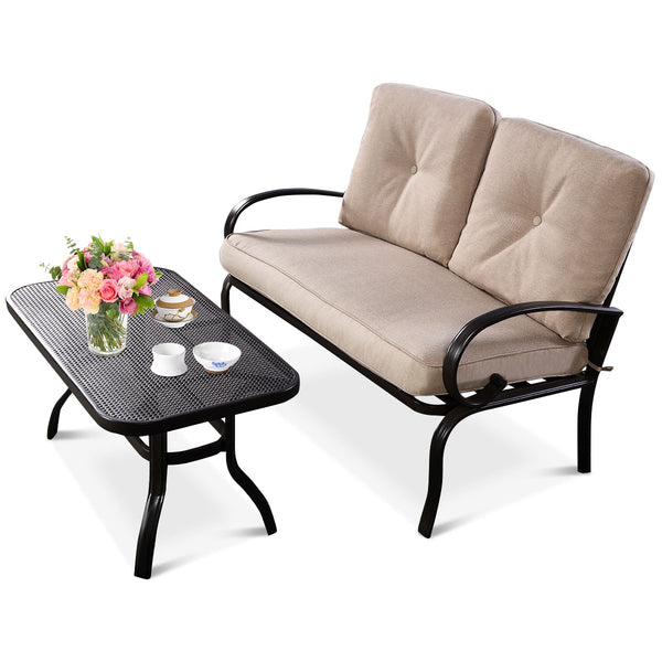 We present you this 2 pieces furniture set  comprising of a loveseat with cushions and a coffee table. Â  Seat yourself comfortably on the cotton cushion and have a great time! It's stable  durable and bears high load. It's an excellent pick wherever you'