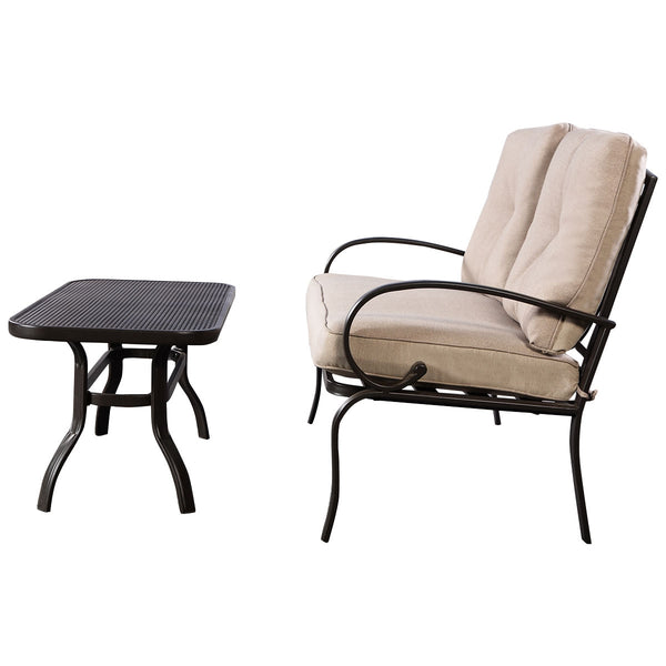 We present you this 2 pieces furniture set  comprising of a loveseat with cushions and a coffee table. Â  Seat yourself comfortably on the cotton cushion and have a great time! It's stable  durable and bears high load. It's an excellent pick wherever you'