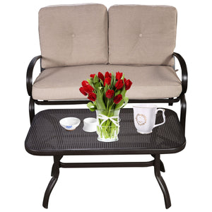 We present you this 2 pieces furniture set  comprising of a loveseat with cushions and a coffee table. Â  Seat yourself comfortably on the cotton cushion and have a great time! It's stable  durable and bears high load. It's an excellent pick wherever you'