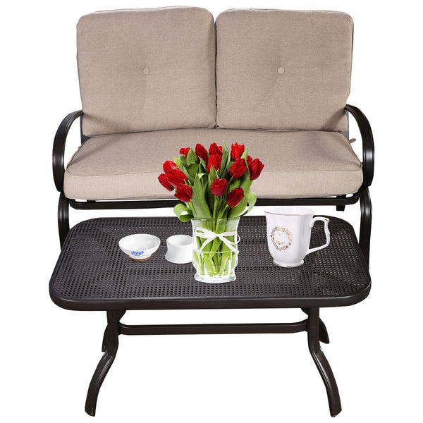 We present you this 2 pieces furniture set  comprising of a loveseat with cushions and a coffee table. Â  Seat yourself comfortably on the cotton cushion and have a great time! It's stable  durable and bears high load. It's an excellent pick wherever you'