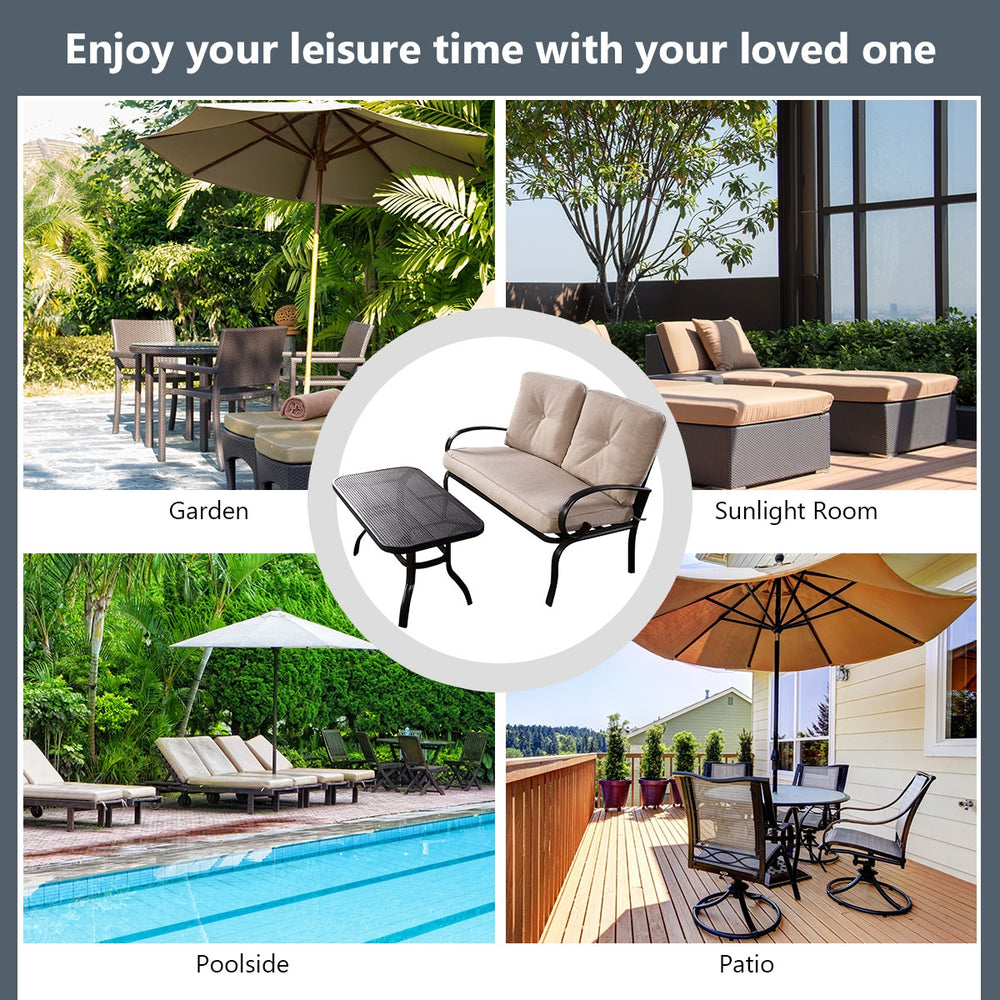We present you this 2 pieces furniture set  comprising of a loveseat with cushions and a coffee table. Â  Seat yourself comfortably on the cotton cushion and have a great time! It's stable  durable and bears high load. It's an excellent pick wherever you'