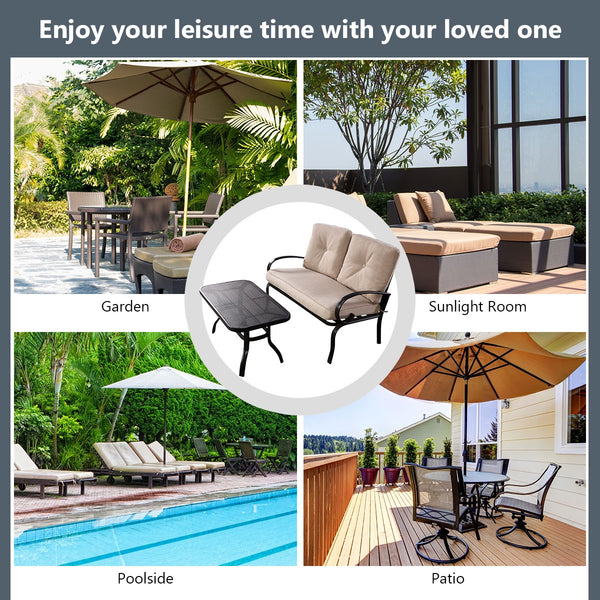We present you this 2 pieces furniture set  comprising of a loveseat with cushions and a coffee table. Â  Seat yourself comfortably on the cotton cushion and have a great time! It's stable  durable and bears high load. It's an excellent pick wherever you'