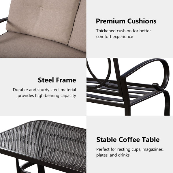 We present you this 2 pieces furniture set  comprising of a loveseat with cushions and a coffee table. Â  Seat yourself comfortably on the cotton cushion and have a great time! It's stable  durable and bears high load. It's an excellent pick wherever you'