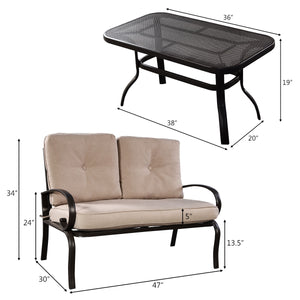 We present you this 2 pieces furniture set  comprising of a loveseat with cushions and a coffee table. Â  Seat yourself comfortably on the cotton cushion and have a great time! It's stable  durable and bears high load. It's an excellent pick wherever you'