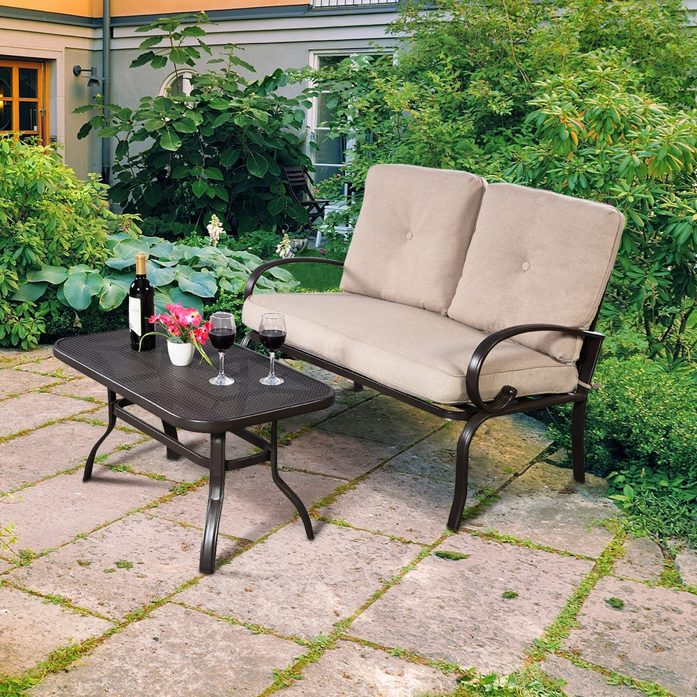 We present you this 2 pieces furniture set  comprising of a loveseat with cushions and a coffee table. Â  Seat yourself comfortably on the cotton cushion and have a great time! It's stable  durable and bears high load. It's an excellent pick wherever you'