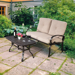 We present you this 2 pieces furniture set  comprising of a loveseat with cushions and a coffee table. Â  Seat yourself comfortably on the cotton cushion and have a great time! It's stable  durable and bears high load. It's an excellent pick wherever you'