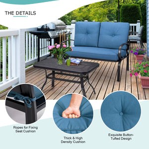 We present you this 2 pieces furniture set  comprising of a loveseat with cushions and a coffee table. Â  Seat yourself comfortably on the cotton cushion and have a great time! It's stable  durable and bears high load. It's an excellent pick wherever you'